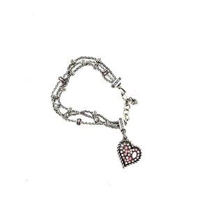 Brighton 3 strand silver tone chain & beaded bracelet; pink crystal heart charm